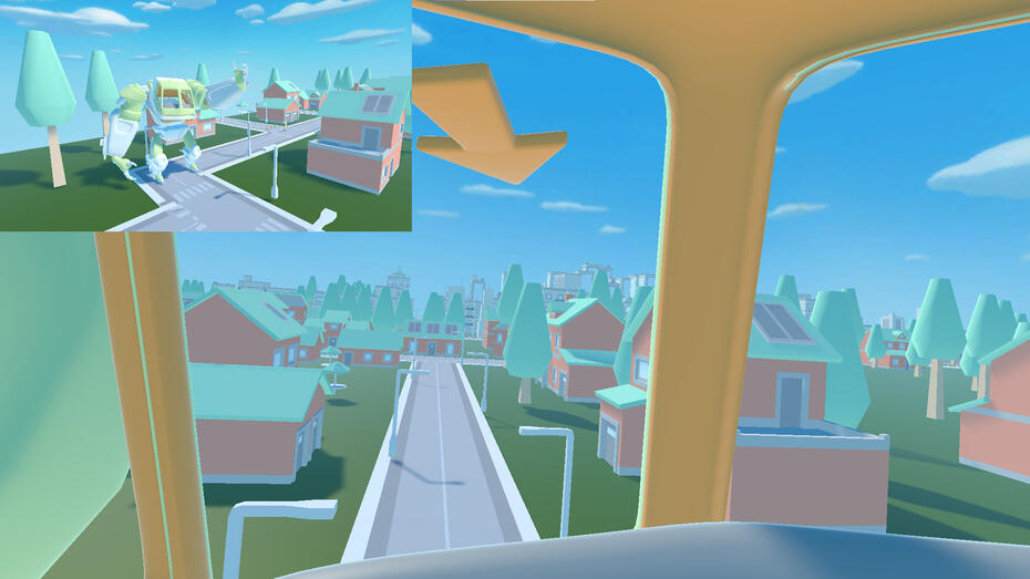 trekmech the main camera shows a first person perspective of a town with a main road and houses through the windows of a mech. a tall green mech swings its left arm in a small viewport in the top left corner.